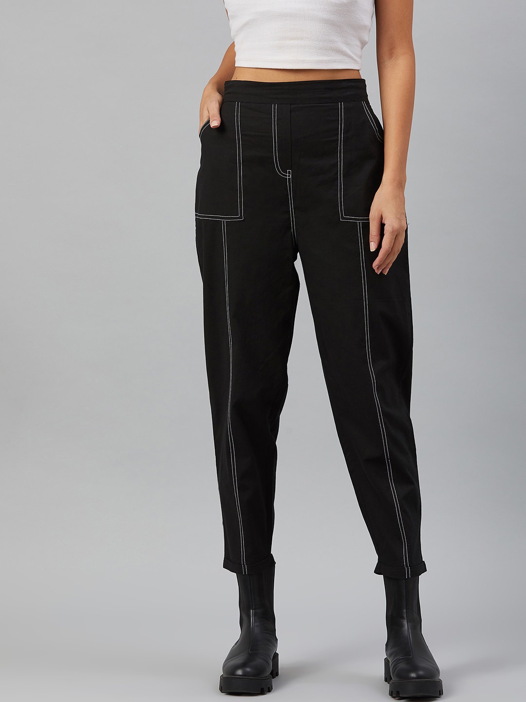 

Orchid Blues Women Black Tapered Fit High-Rise Trousers