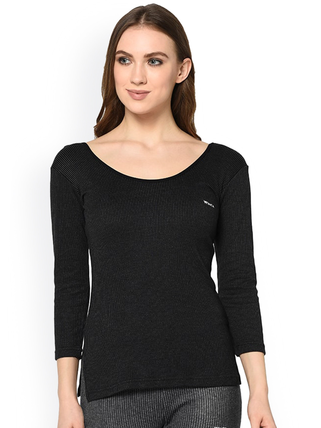 

GROVERSONS Paris Beauty Women Black & Grey Striped Snug Fit Thermal Top