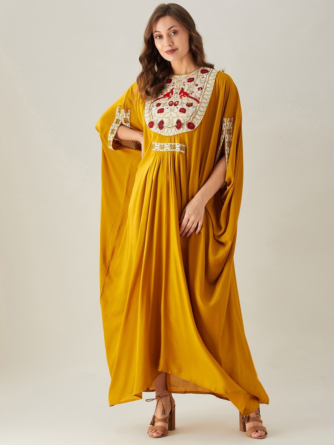

The Kaftan Company Women Mustard Yellow & White Embellished Kaftan Maxi Dress