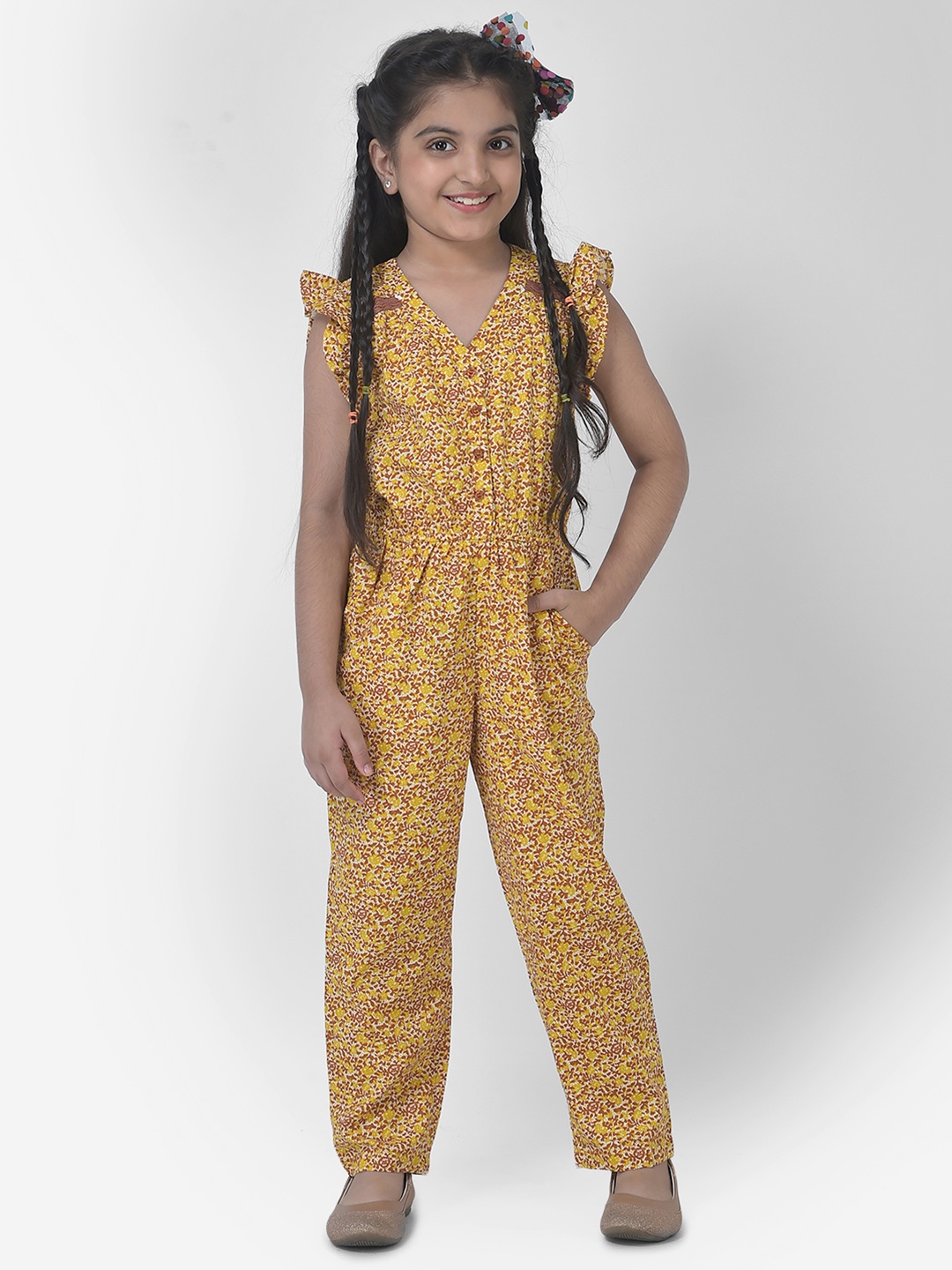 

Cub McPaws Girls Yellow Printed Basic Jumpsuit