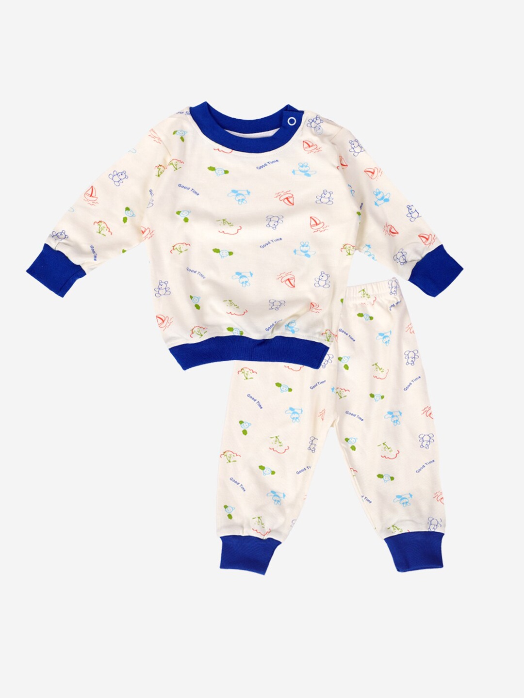 

Chipbeys Unisex Kids Off White & Blue Printed T-shirt with Pyjamas