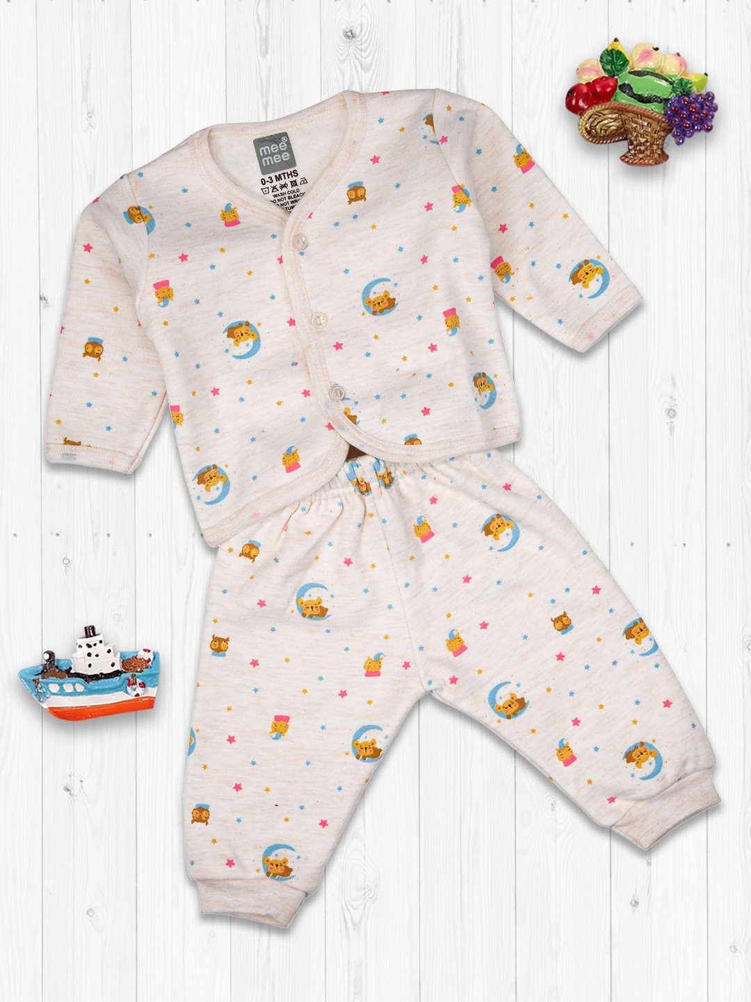 

MeeMee Kids Beige & Blue Printed Pure Cotton Night suit
