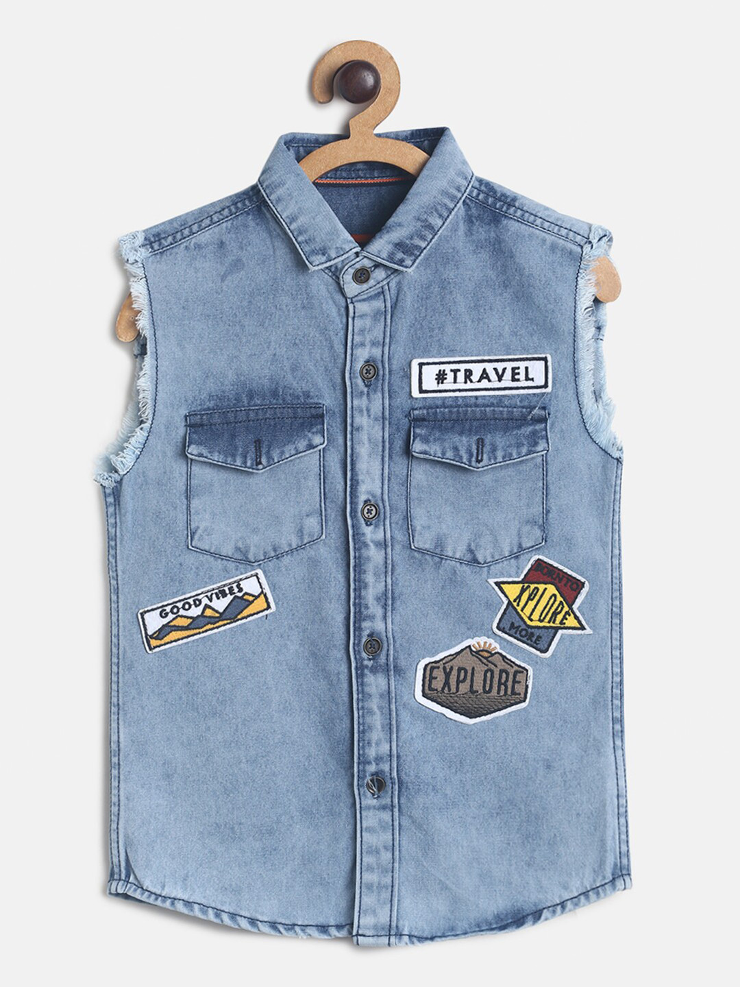 

TALES & STORIES Boys Blue Opaque Faded Casual Shirt With Applique Detail