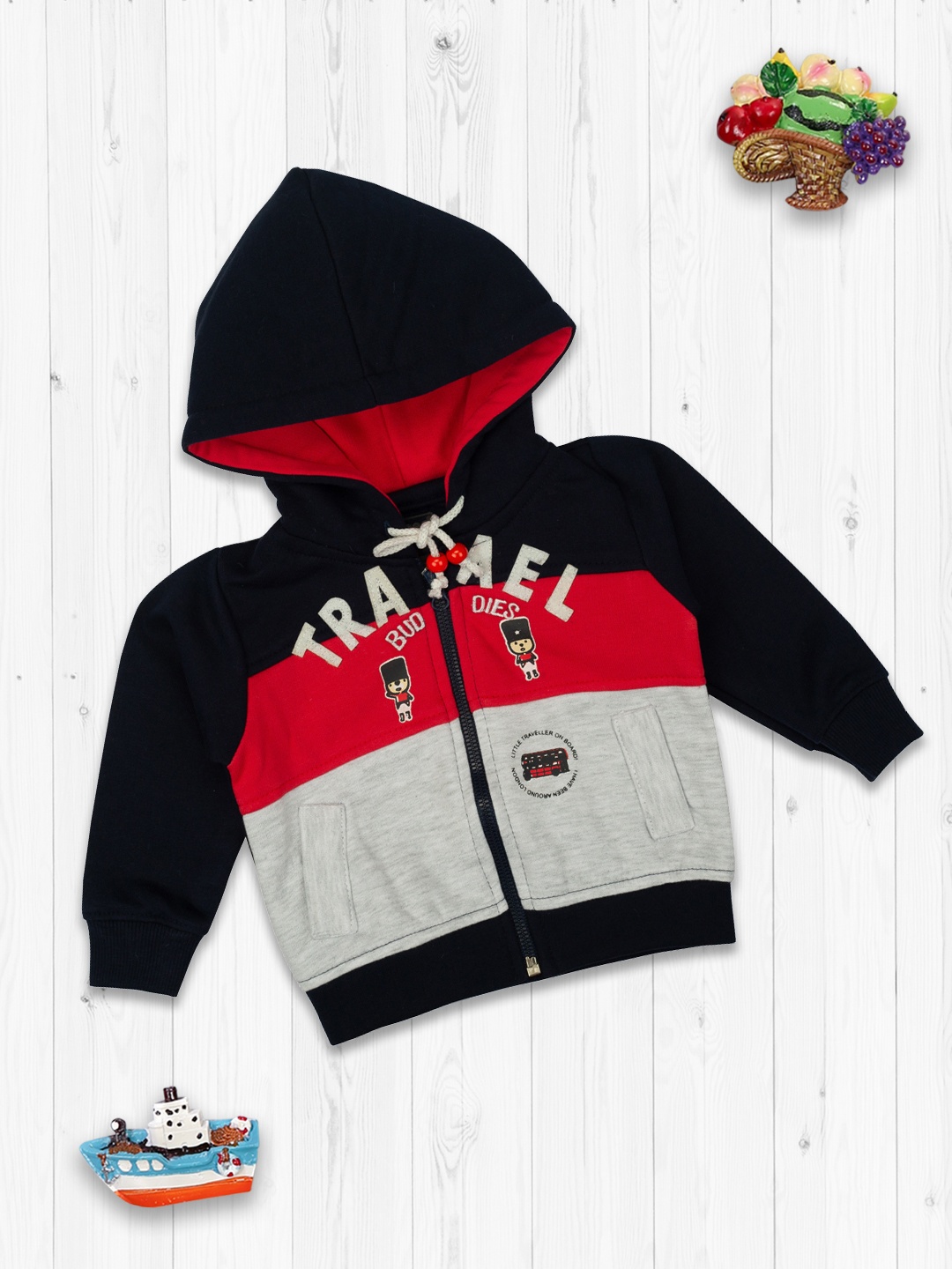 

MeeMee Boys Navy Blue & Red Striped Fleece Lightweight Hooded Sporty Jacket