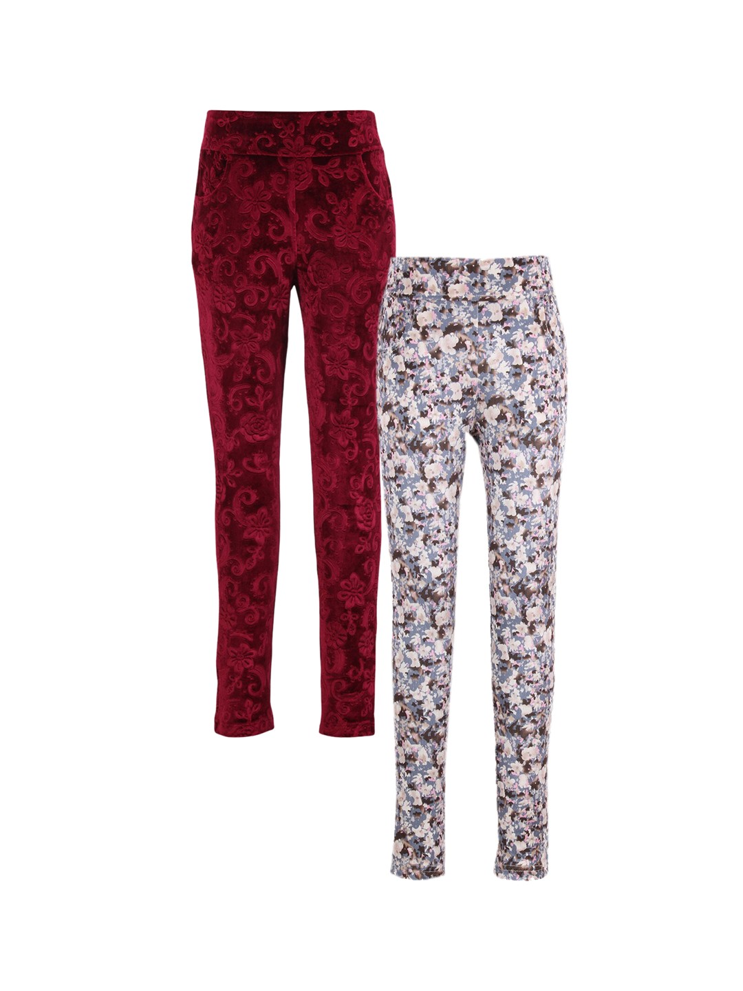 

CUTECUMBER Girls Pack Of 2 Grey & Maroon Printed Ankle Length Leggings