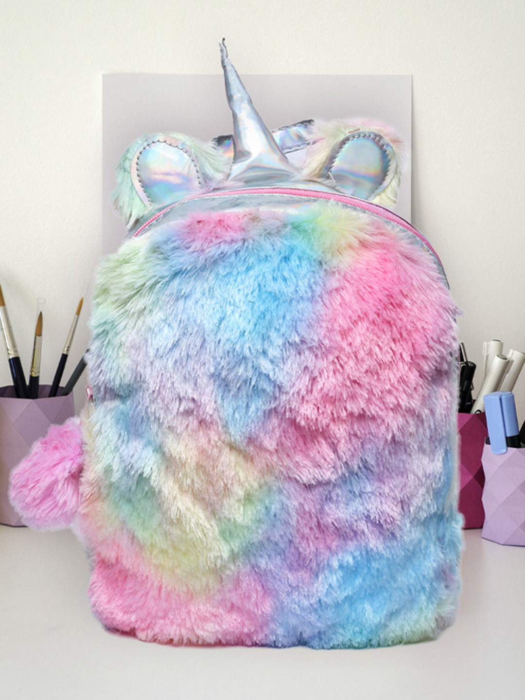 

POPLINS Unisex Kids Multi Color Fur Fluffy Backpack, Pink