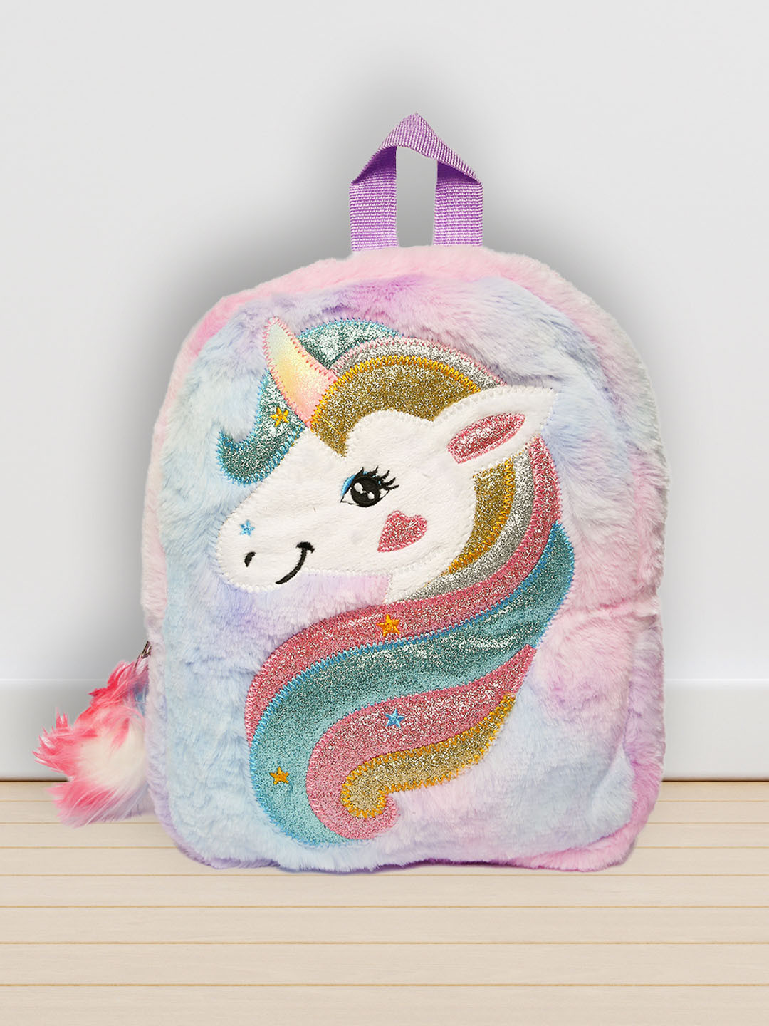 

POPLINS Kids Purple & Blue Fur Fluffy Unicorn Backpack