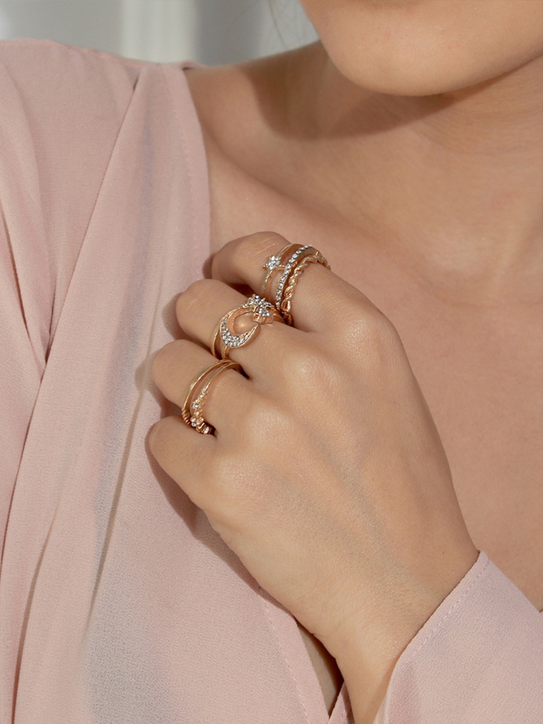

ToniQ Set Of 6 Gold-Plated & White Stone-Studded Finger Rings