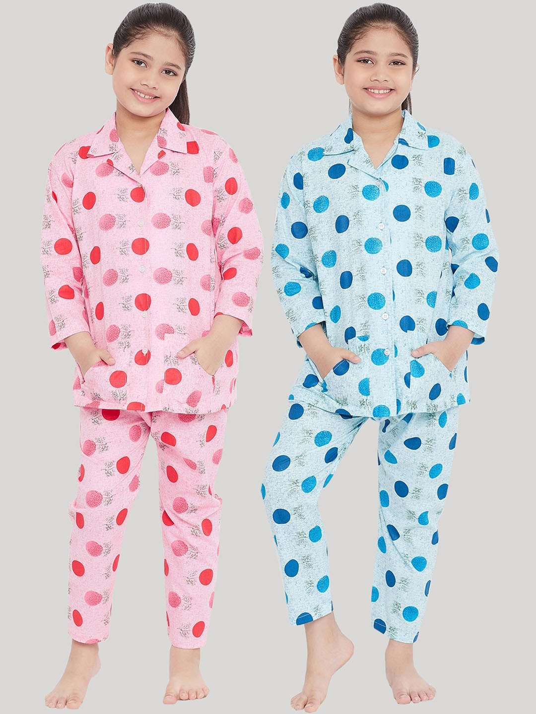 

KYDZI Girls Pack of 2 Polka Dot Printed Night Suit, Blue