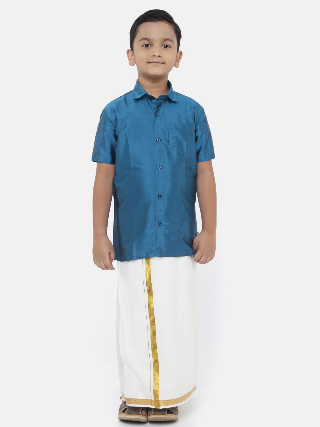 

LITTLESTARS Boys Blue & White Solid Pure Cotton Shirt & Dhoti Set