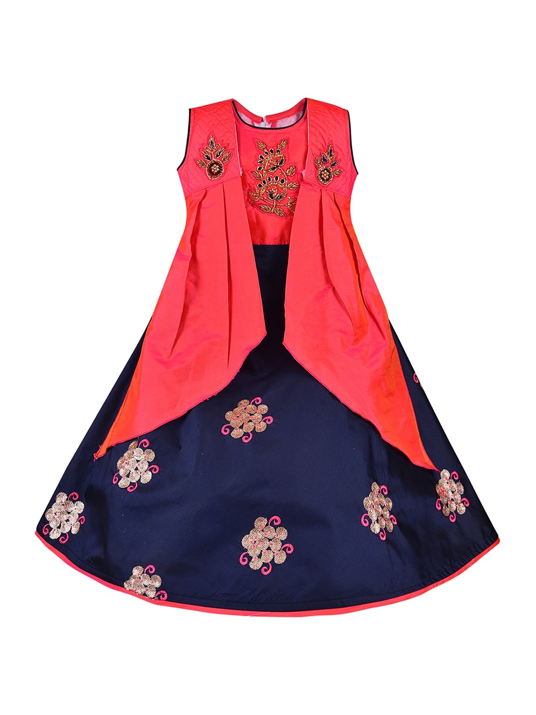 

Wish Karo Girls Navy Blue & Coral Embellished Satin Maxi Dress