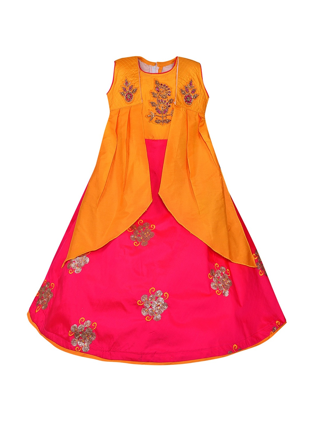 

Wish Karo Girls Pink & Orange Ethnic Motifs Embellished Layered Satin Maxi Dress