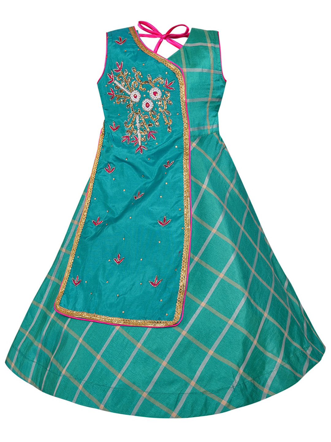 

Wish Karo Sea Green Checked Satin A-Line Dress