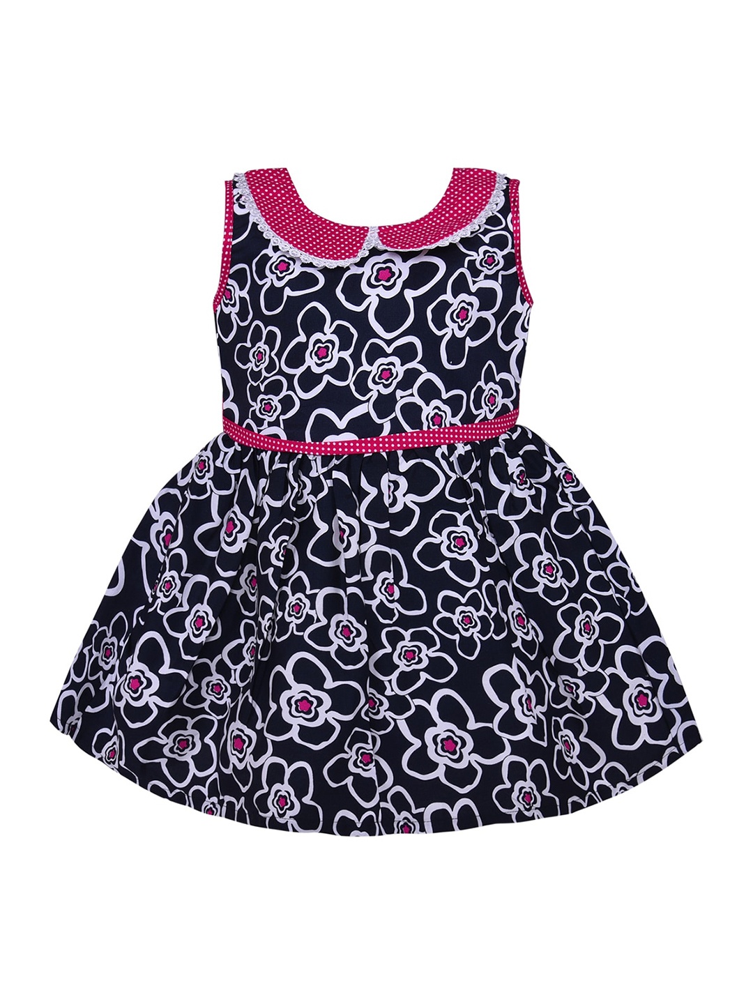 

Wish Karo Girls Navy Blue & Pink Floral Peter Pan Collar Dress