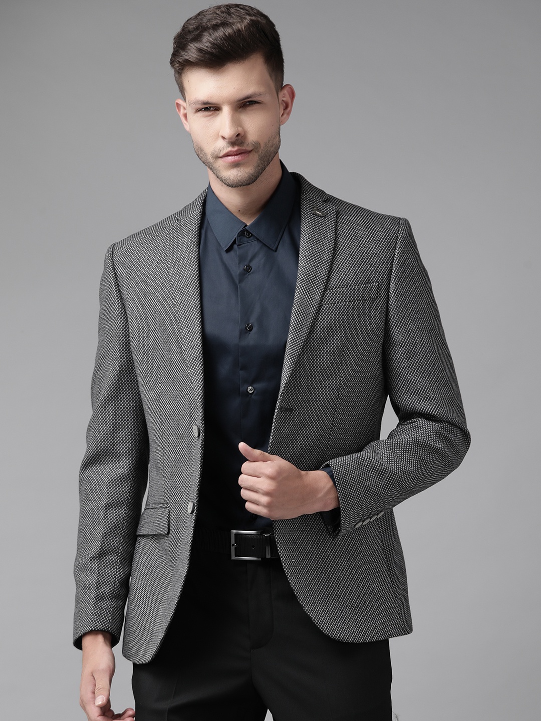 

Blackberrys Men Charcoal Grey Slim Fit Woven Design Smart Casual Blazer