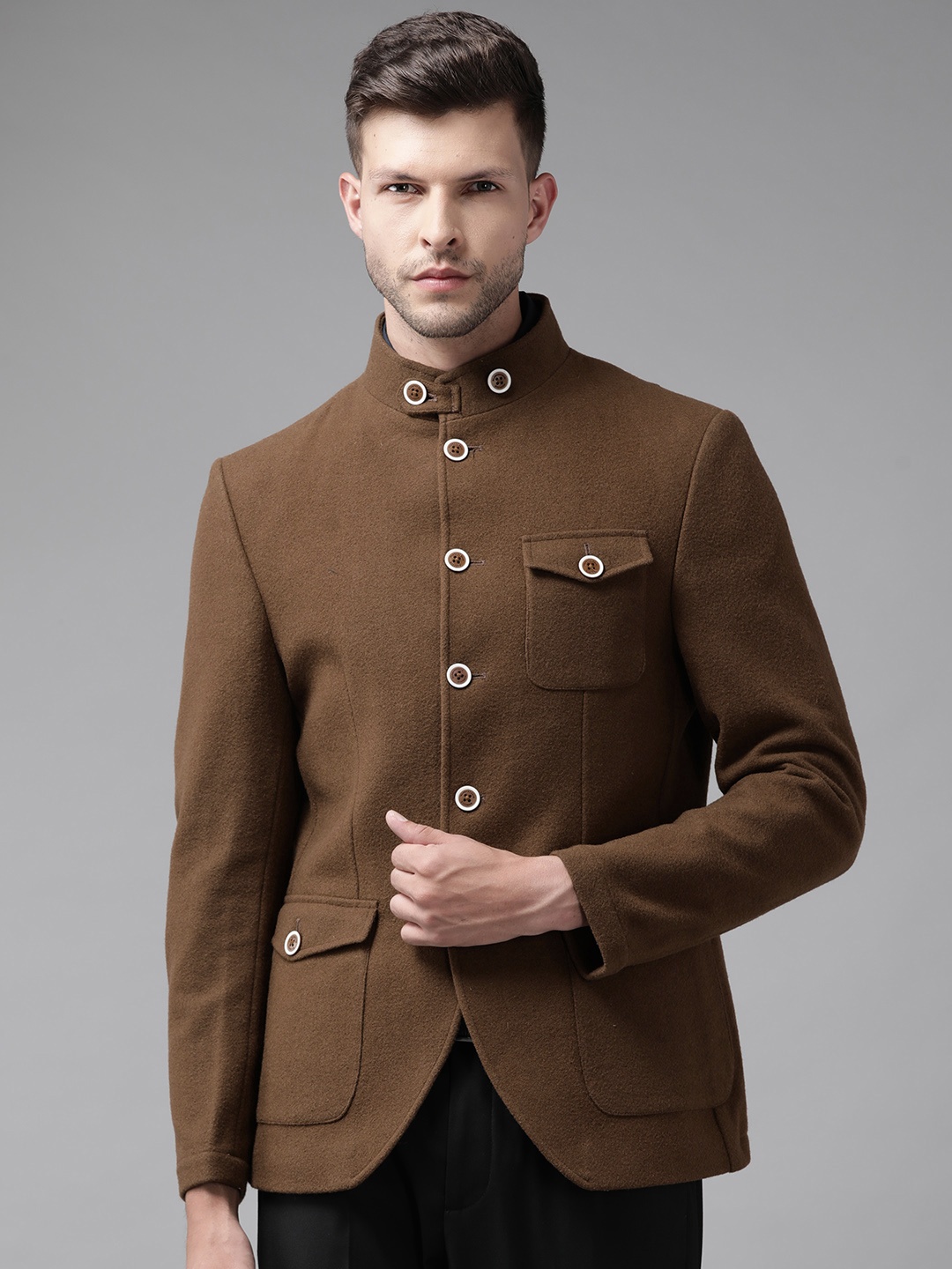 

Blackberrys Men Brown Slim Fit Solid Bandgala Blazer