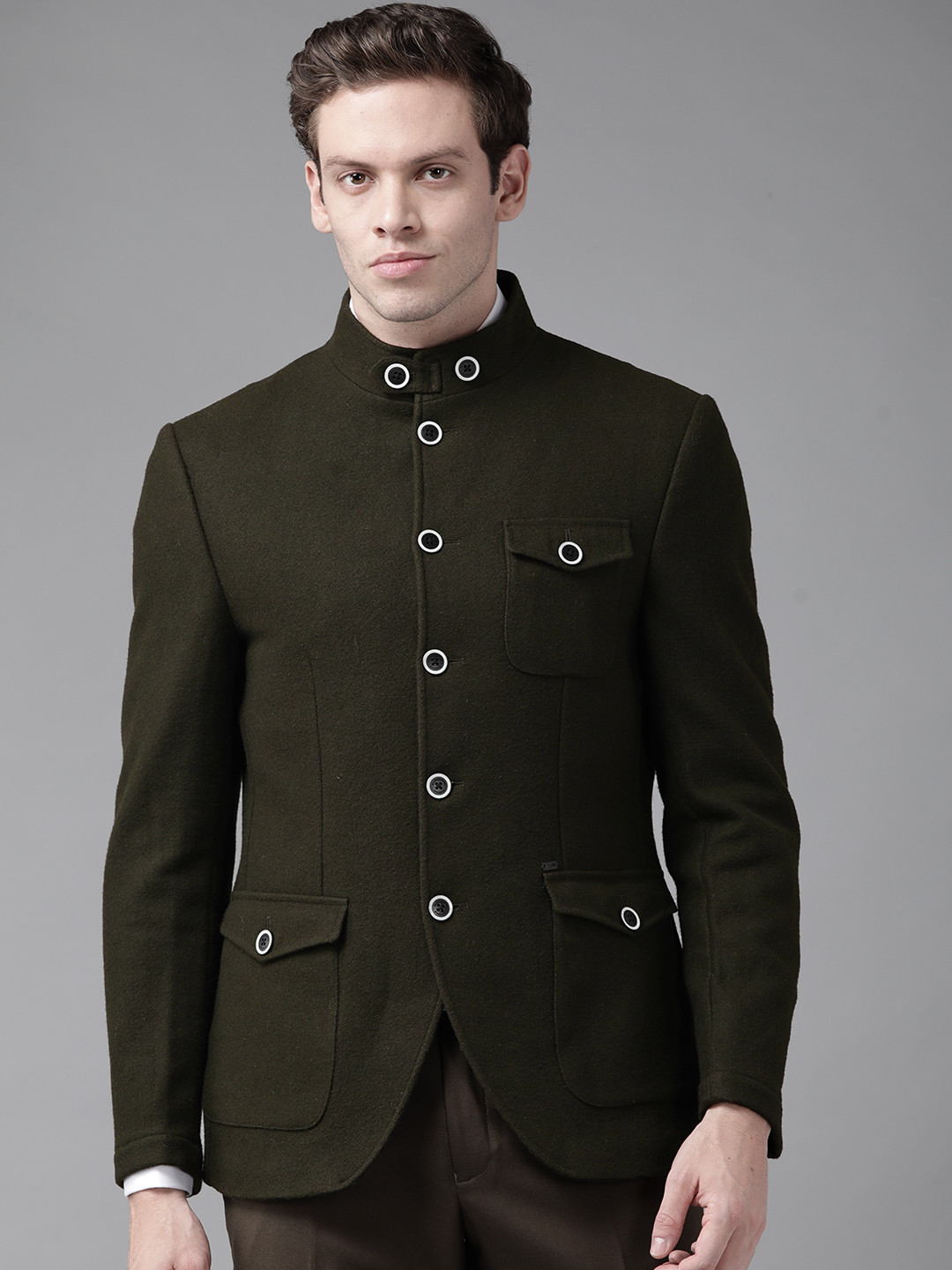 

Blackberrys Men Olive Green Solid Mandarin Collar Single Breasted Blazer