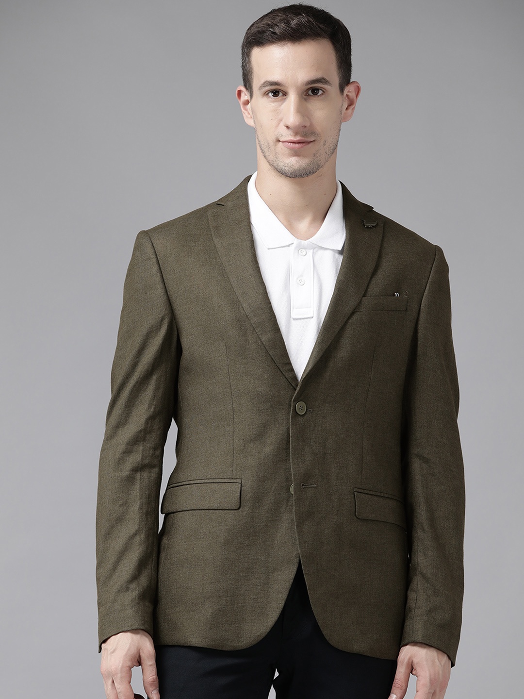 

Blackberrys Men Olive Green Solid Single-Breasted Casual Blazer