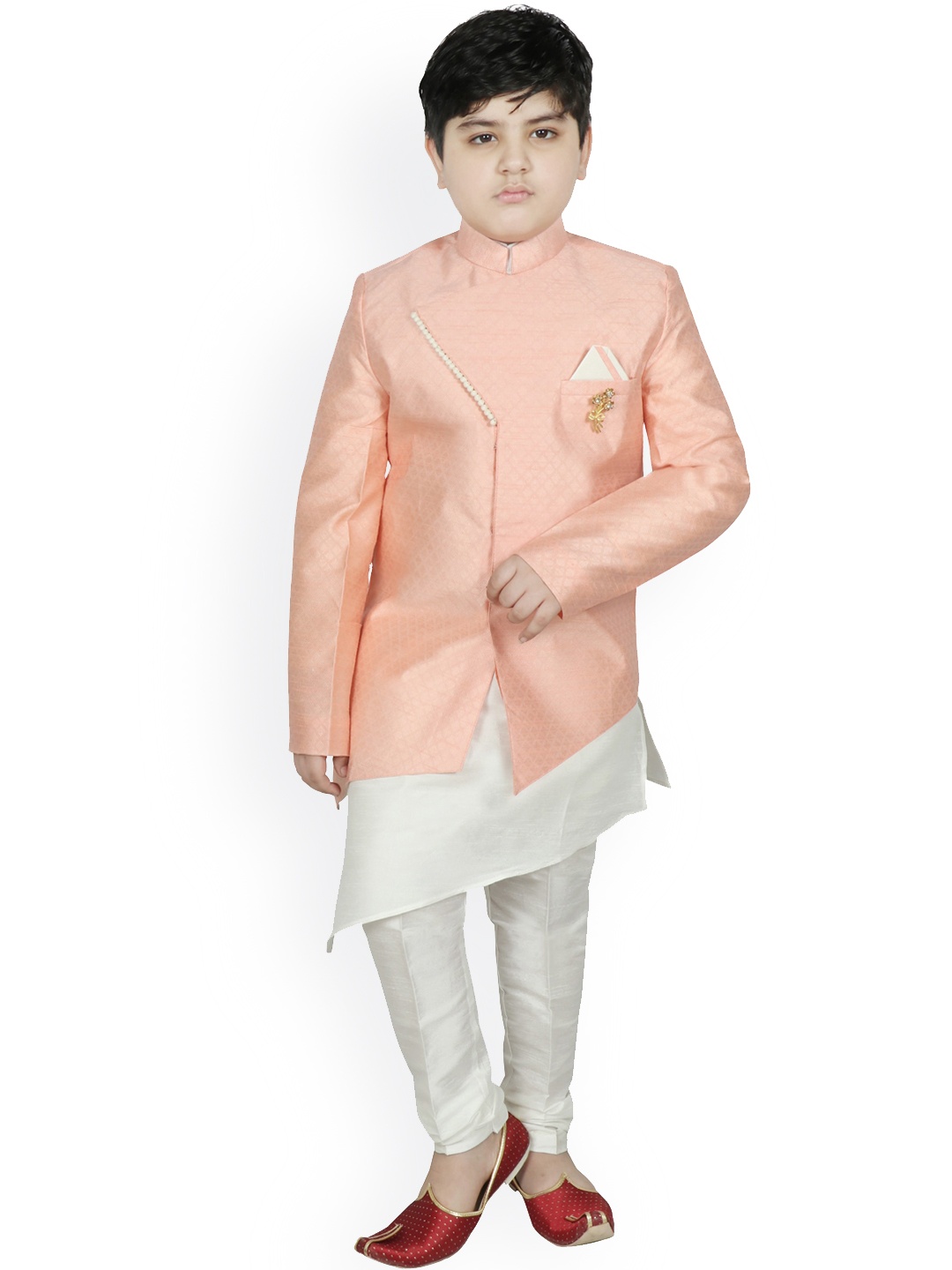 

SG YUVRAJ Boys Peach-Coloured Angrakha Raw Silk Kurti with Churidar