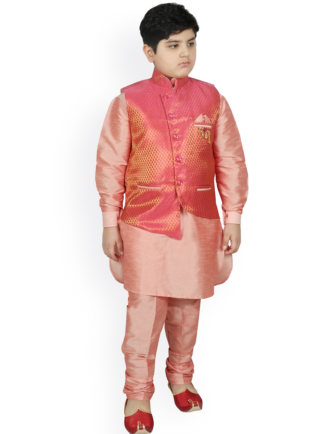 

SG YUVRAJ Boys Pink Layered Raw Silk Kurta with Churidar & Jacket