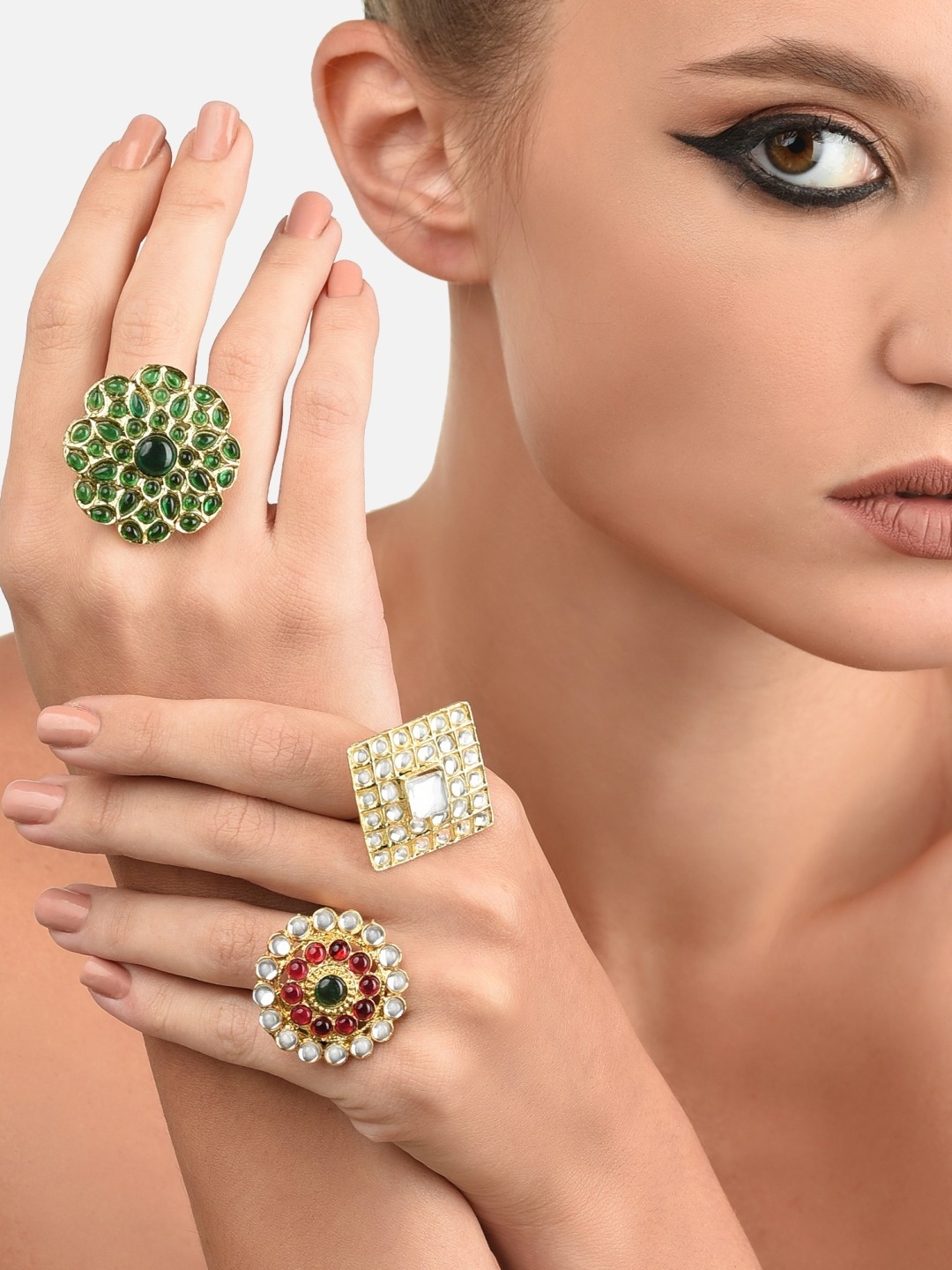 

Zaveri Pearls Set Of 3 Gold-Plated Kundan-Studded Adjustable Finger Rings