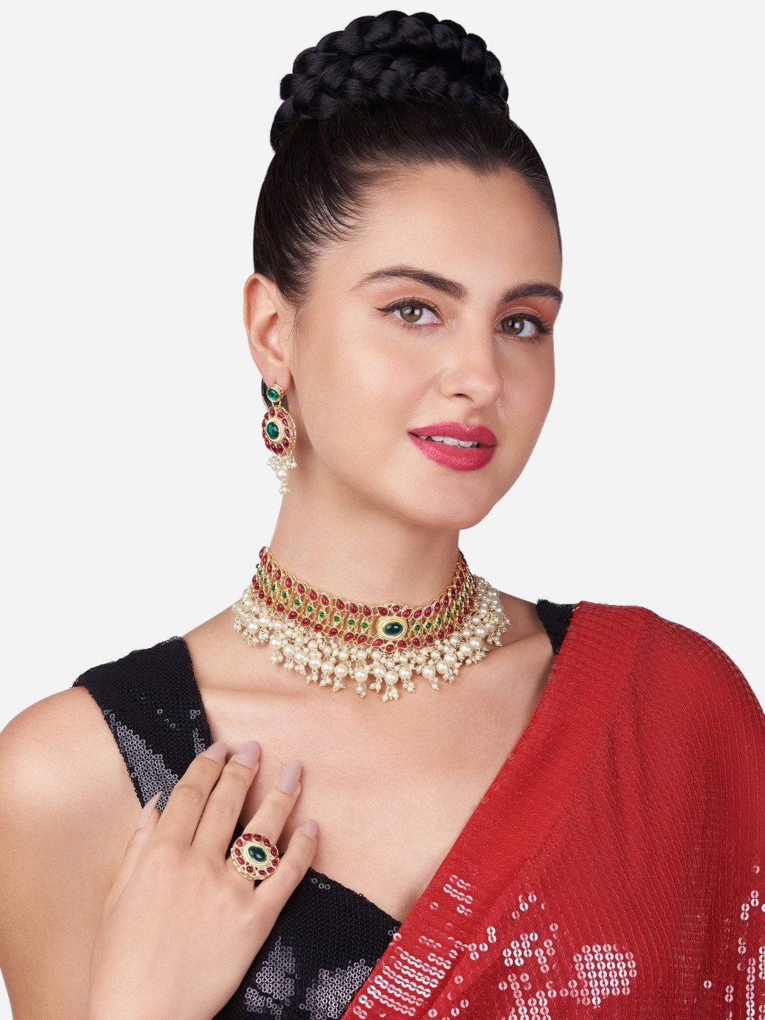 

Zaveri Pearls Gold-Plated Pink & Green Kundan-Studded & Pearl Beaded Jewellery Set