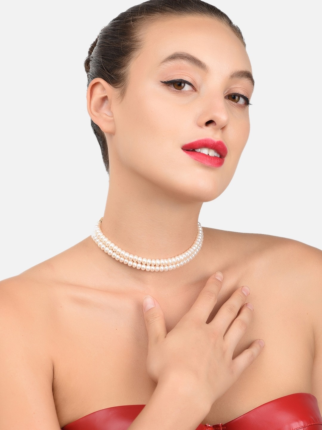 

Zaveri Pearls Gold-Plated White Freshwater Button Pearl Choker Necklace