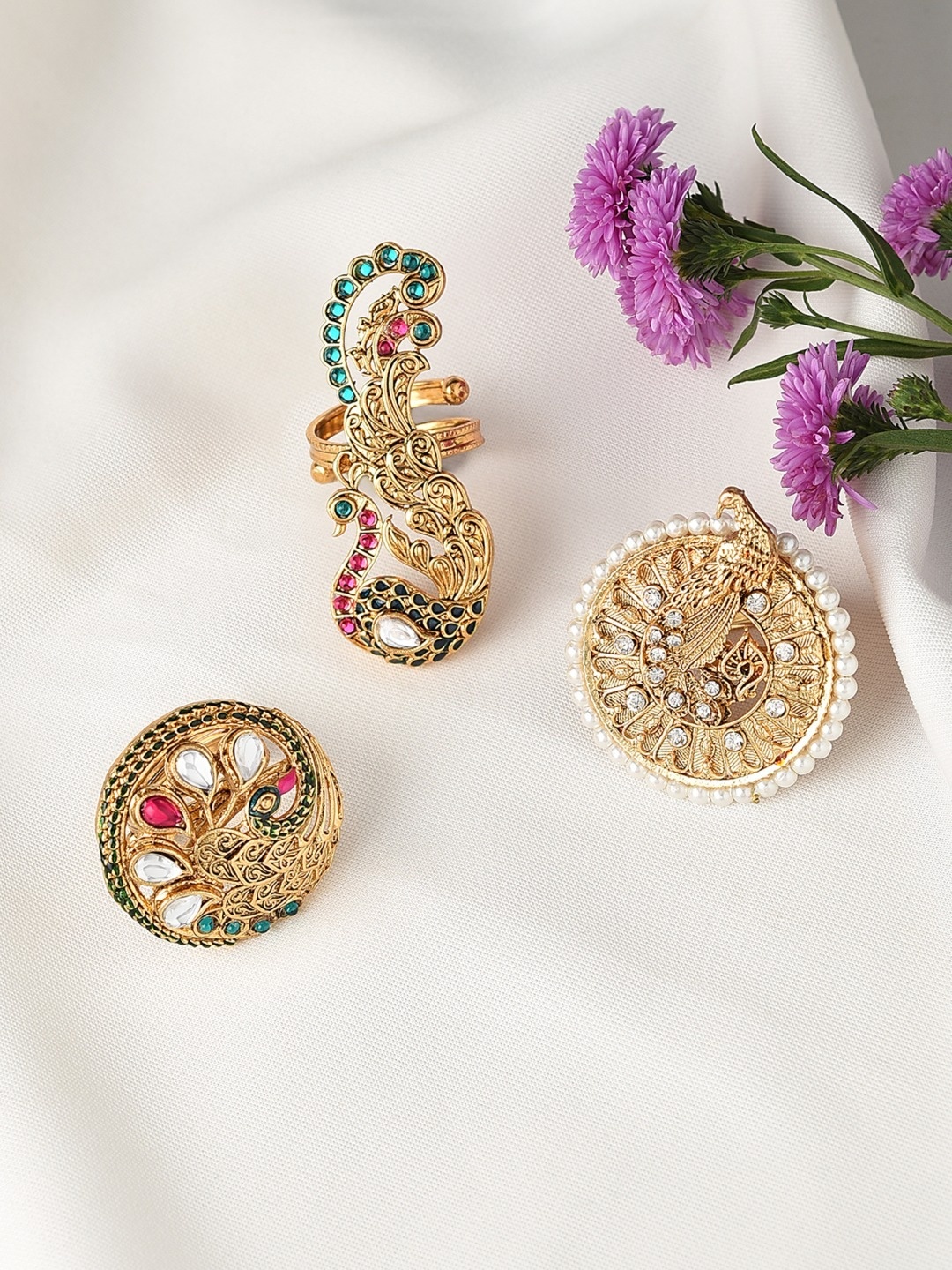

Zaveri Pearls Set Of 3 Gold-Plated White & Pink Kundan-Studded Adjustable Finger Rings