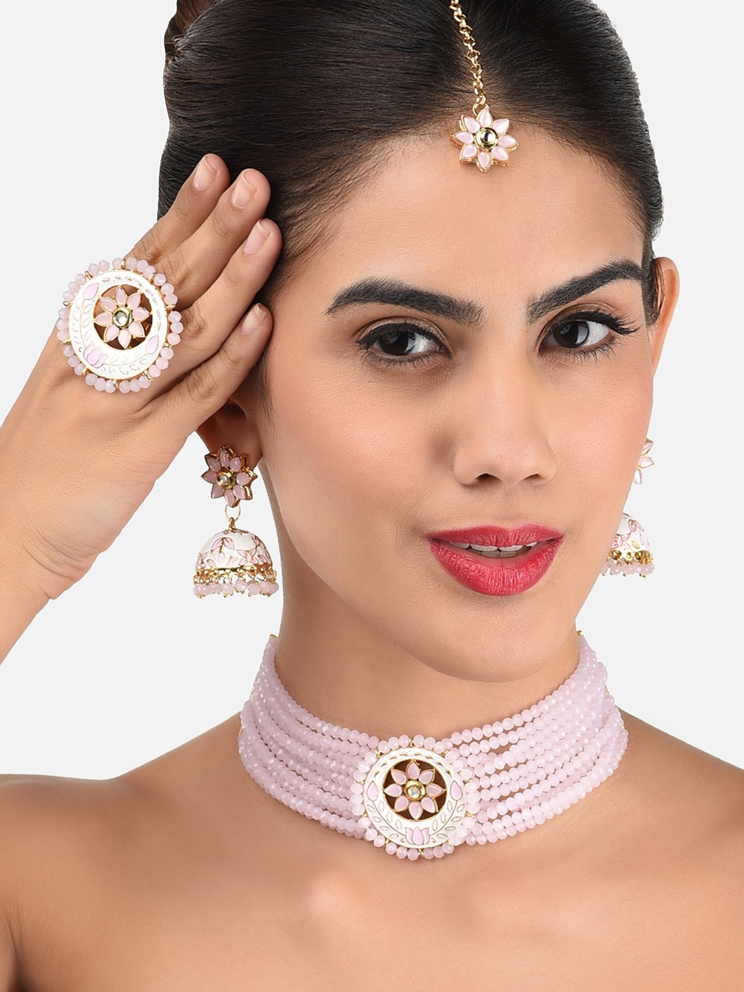 

Zaveri Pearls Gold-Plated Pink Kundan-Studded & Beaded Meenakari Jewellery Set