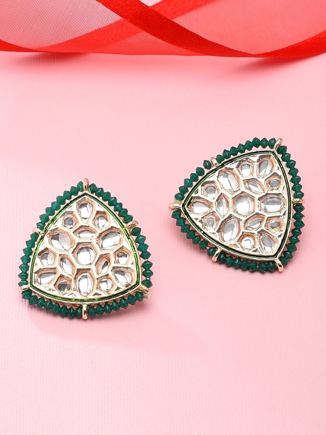 

Zaveri Pearls Green Silver-Plated Triangular Studs