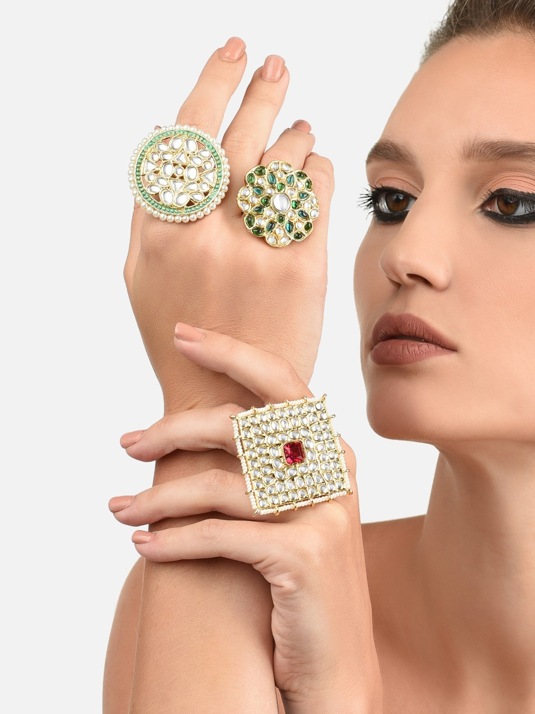 

Zaveri Pearls Set Of 3 Gold-plated White & Green Kundan Studded Meenakari Finger Rings