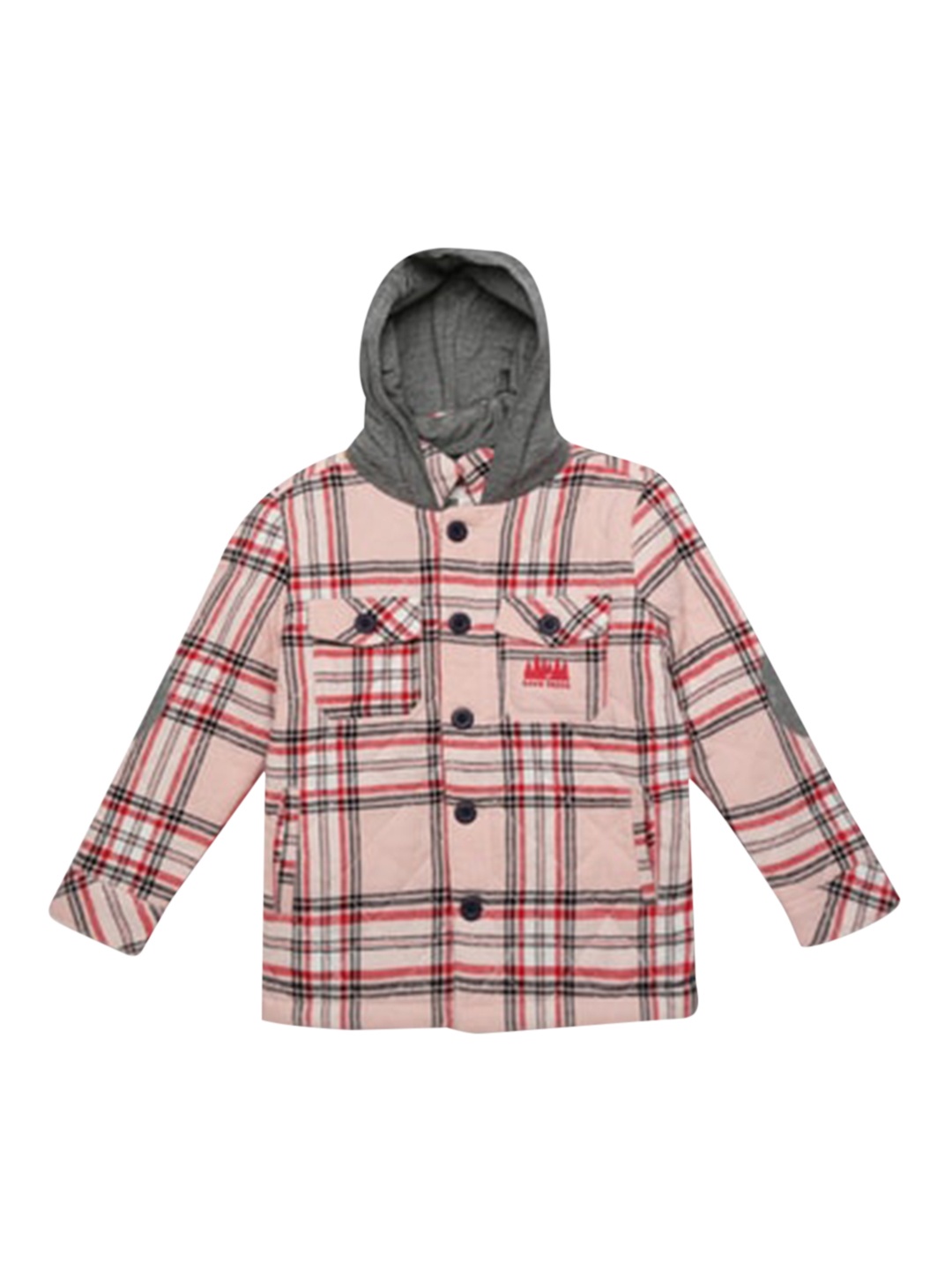 

UNDER FOURTEEN ONLY Boys Peach-Coloured Checked Open Front Hooded Jacket
