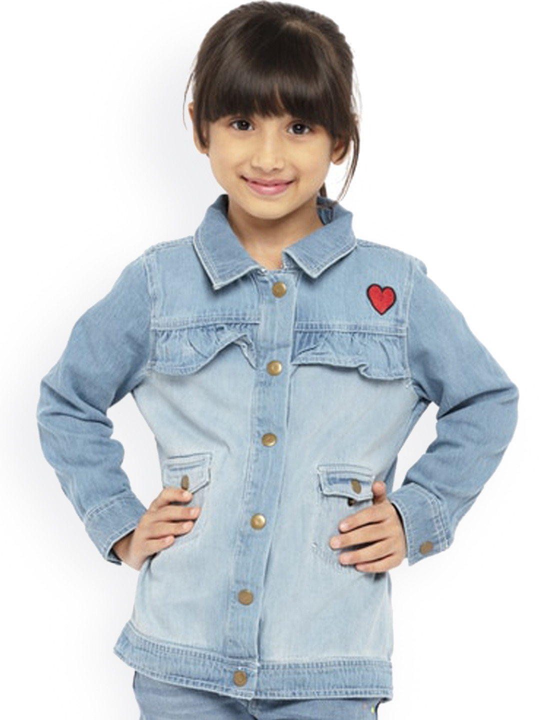 

UNDER FOURTEEN ONLY Girls Blue & Red Washed Cotton Denim Jacket with Patchwork