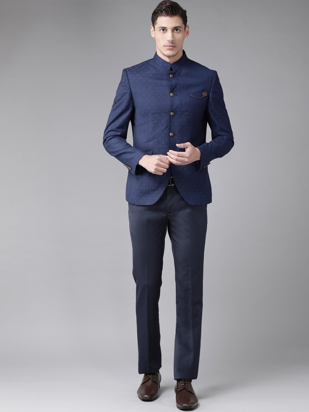 

Blackberrys Navy Blue Single-Breasted Self-Design Bandhgala Slim Fit Suit