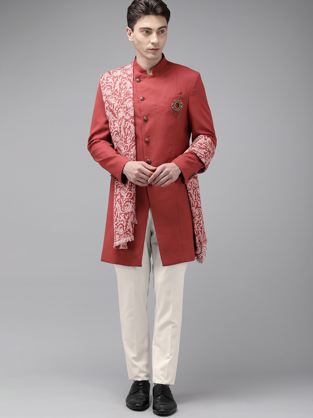 

Blackberrys Men Slim Fit Self Design Ethnic Suit, Rust