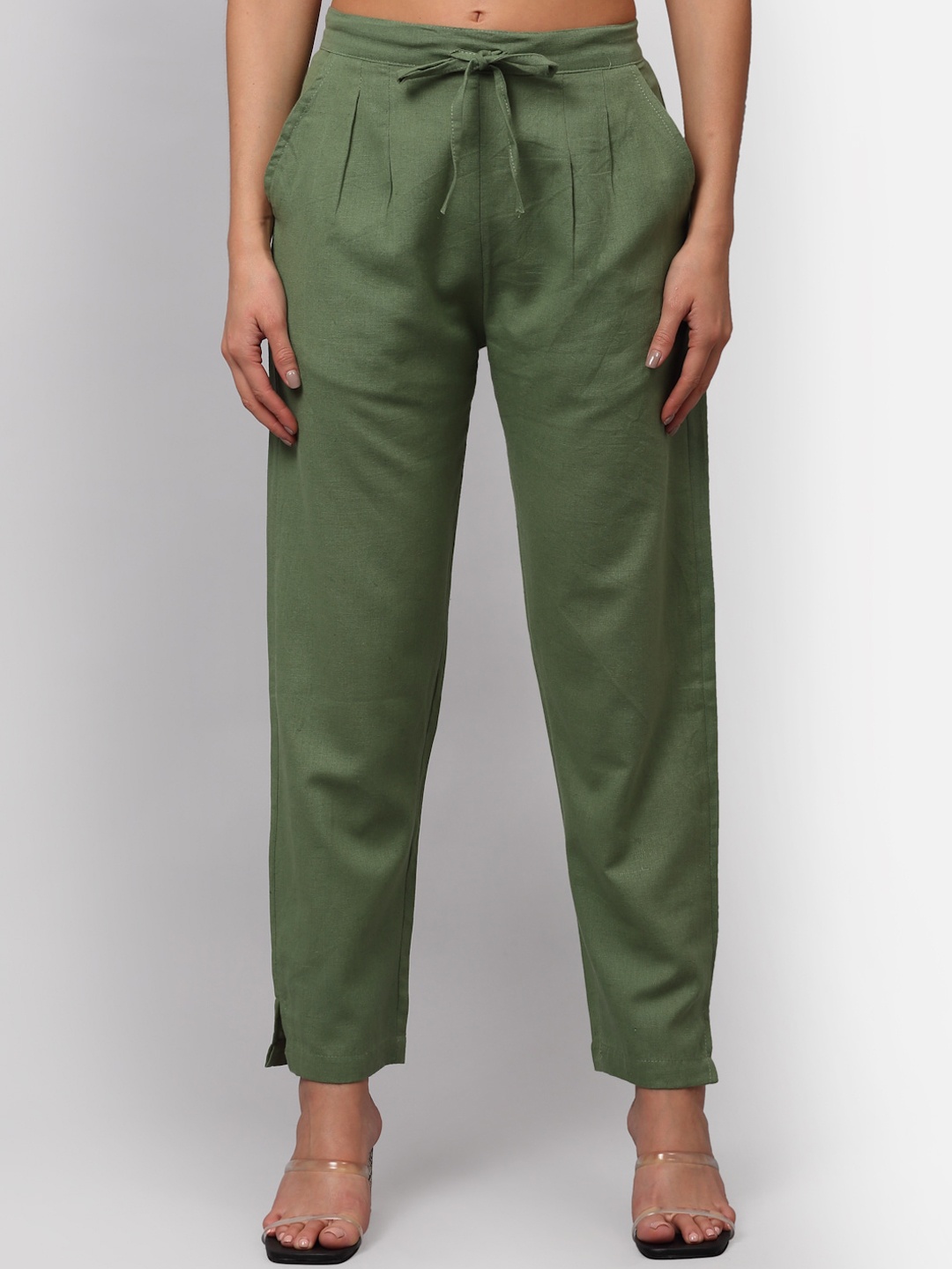 

NEUDIS Women Green Tapered Fit Pleated Cigerette Trousers
