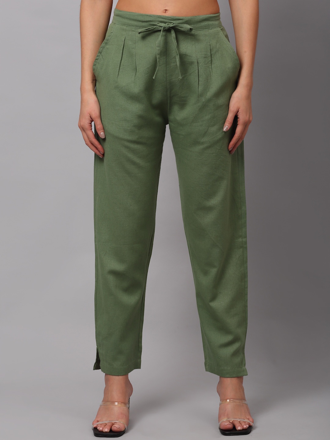

NEUDIS Women Green Flared Pleated Peg Trousers