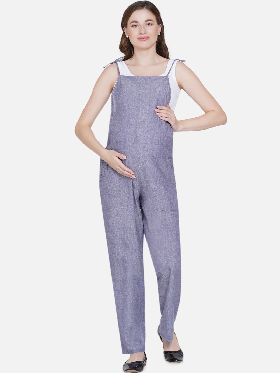 

Mine4Nine Women Grey Solid Maternity Cotton Dungaree