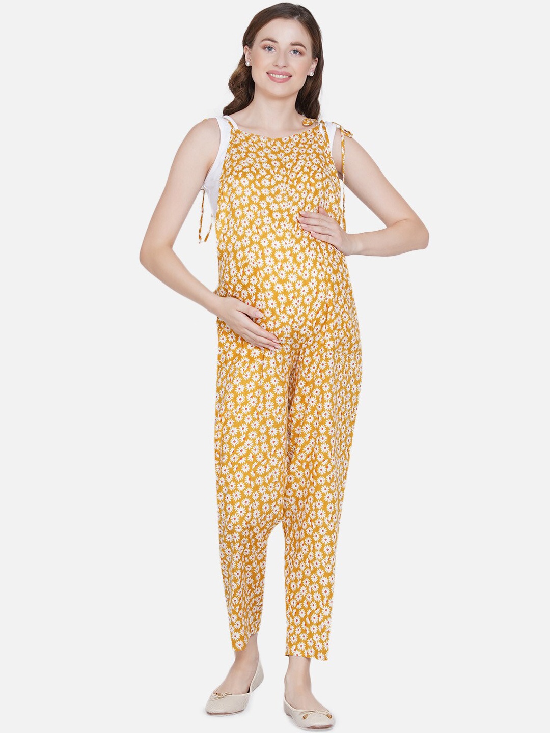

Mine4Nine Women Yellow & White Floral Printed Maternity Dungarees