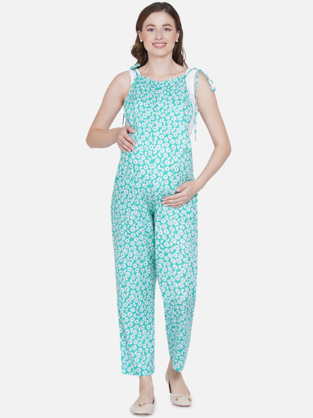 

Mine4Nine Women Blue & White Floral Printed Pure Cotton Maternity Dungarees