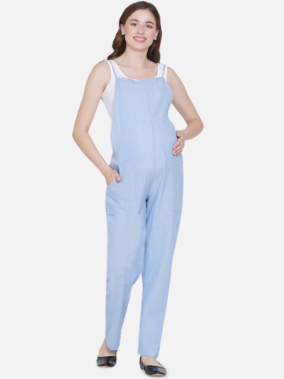 

Mine4Nine Women Blue Solid Cotton Maternity Denim Dungarees