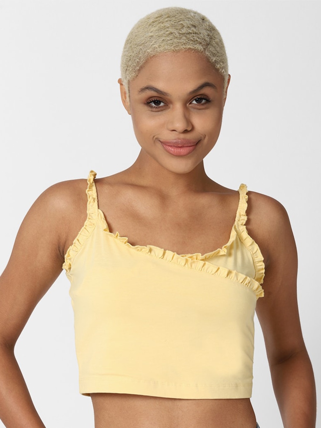 

FOREVER 21 Yellow Regular Crop Top With Frill Detail