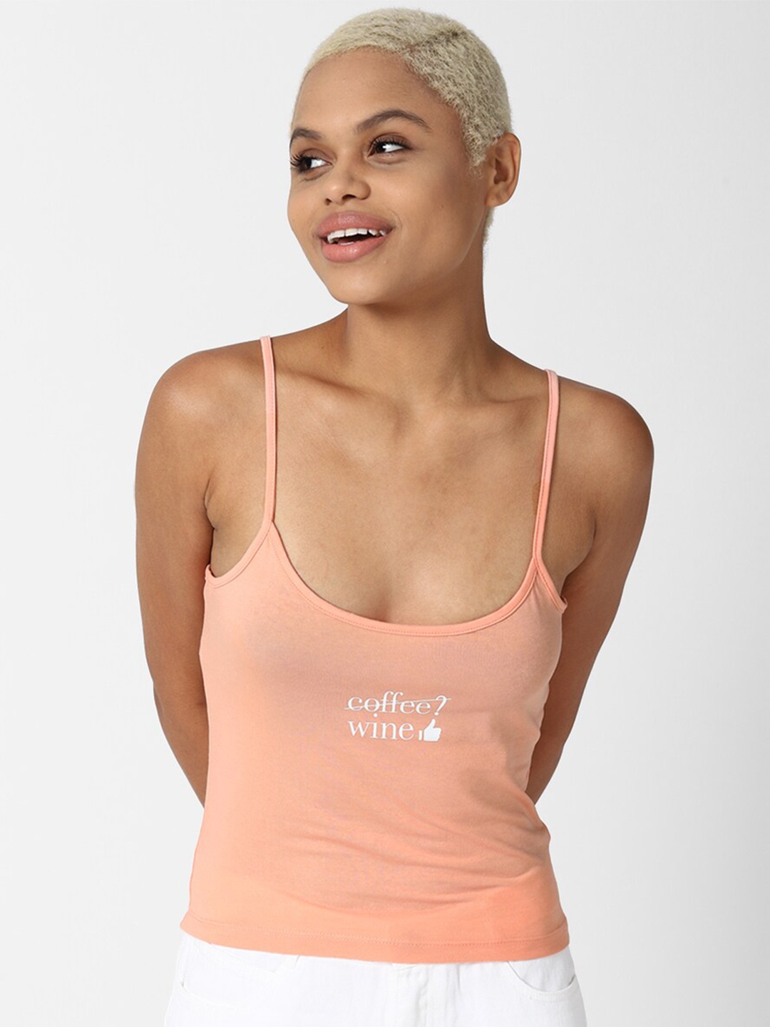 

FOREVER 21 Women Peach-Coloured & White Printed Camisole