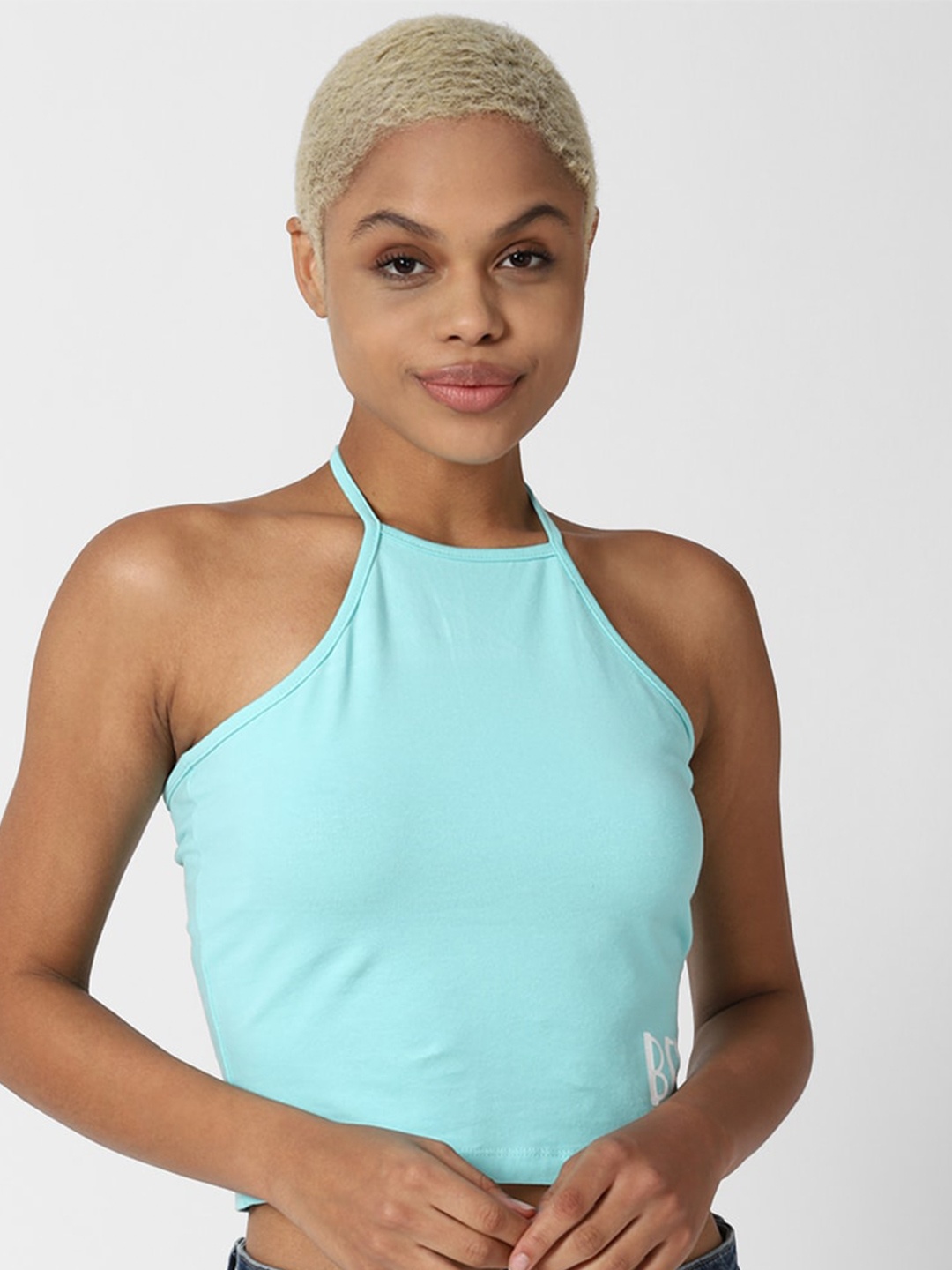 

FOREVER 21 Turquoise Blue Halter Neck Regular Crop Top