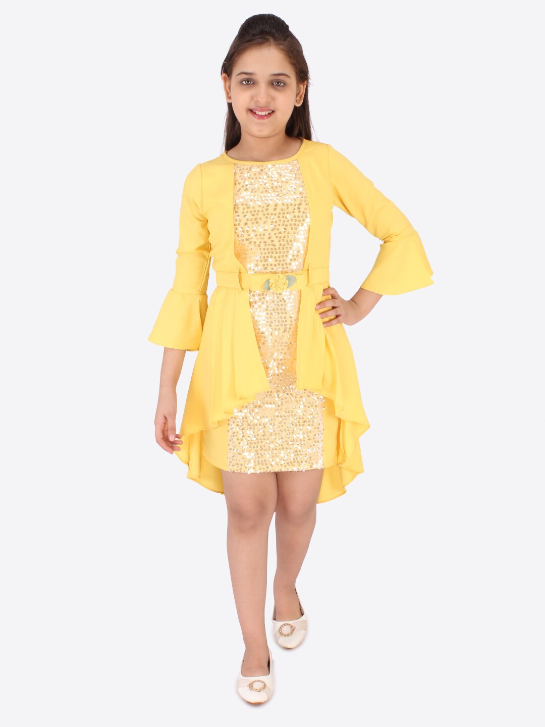 

CUTECUMBER Girls Yellow Embellished Layered Georgette Dress