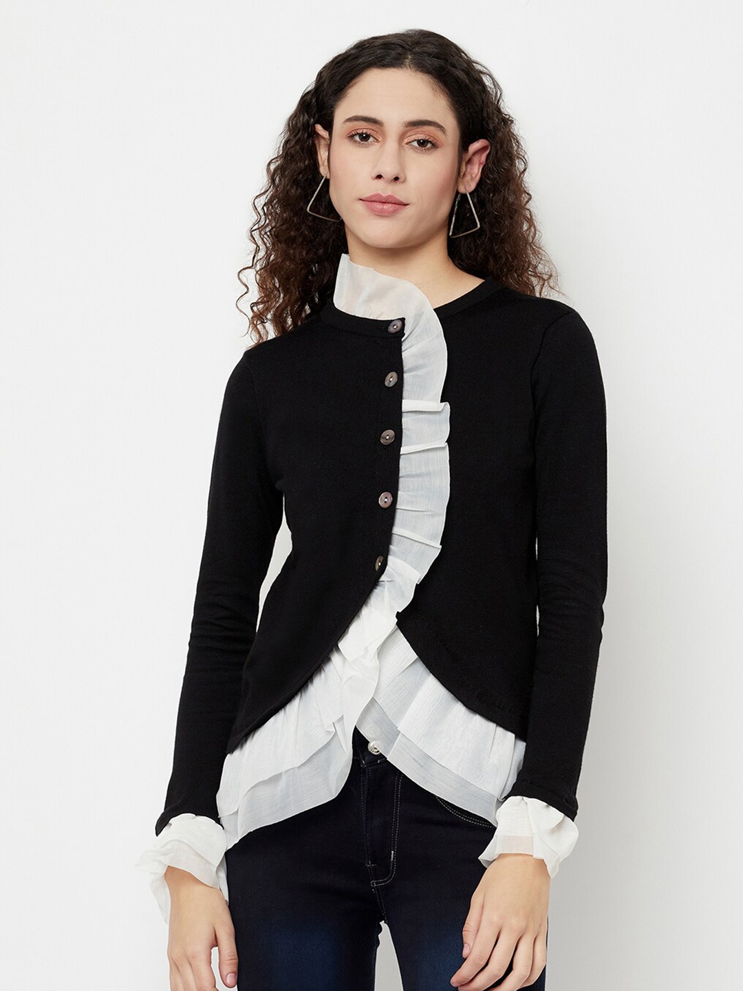 

iki chic Women Black & White Woolen Cardigan With Frill Detail