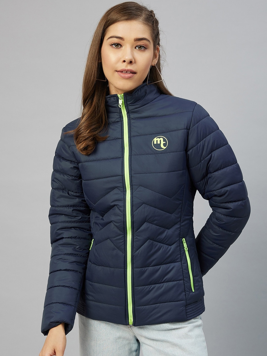 

Marie Claire Women Navy Blue Striped Padded Jacket