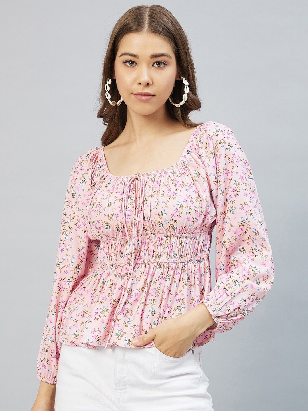 

Marie Claire Peach-Coloured Floral Tie-Up Neck Empire Top