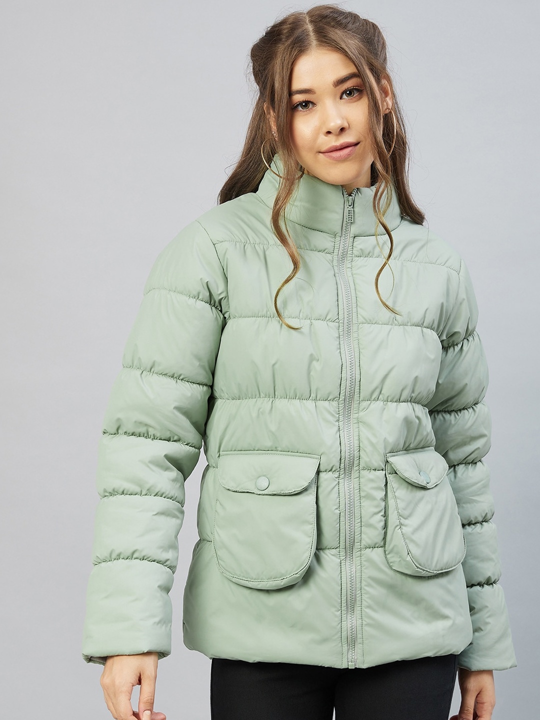 

RARE Women Green Lightweight Longline Puffer Jacket with Patchwork