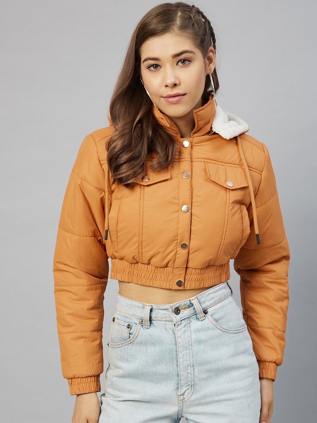 

RARE Women Mustard Colourblocked Lightweight Crop Padded Jacket
